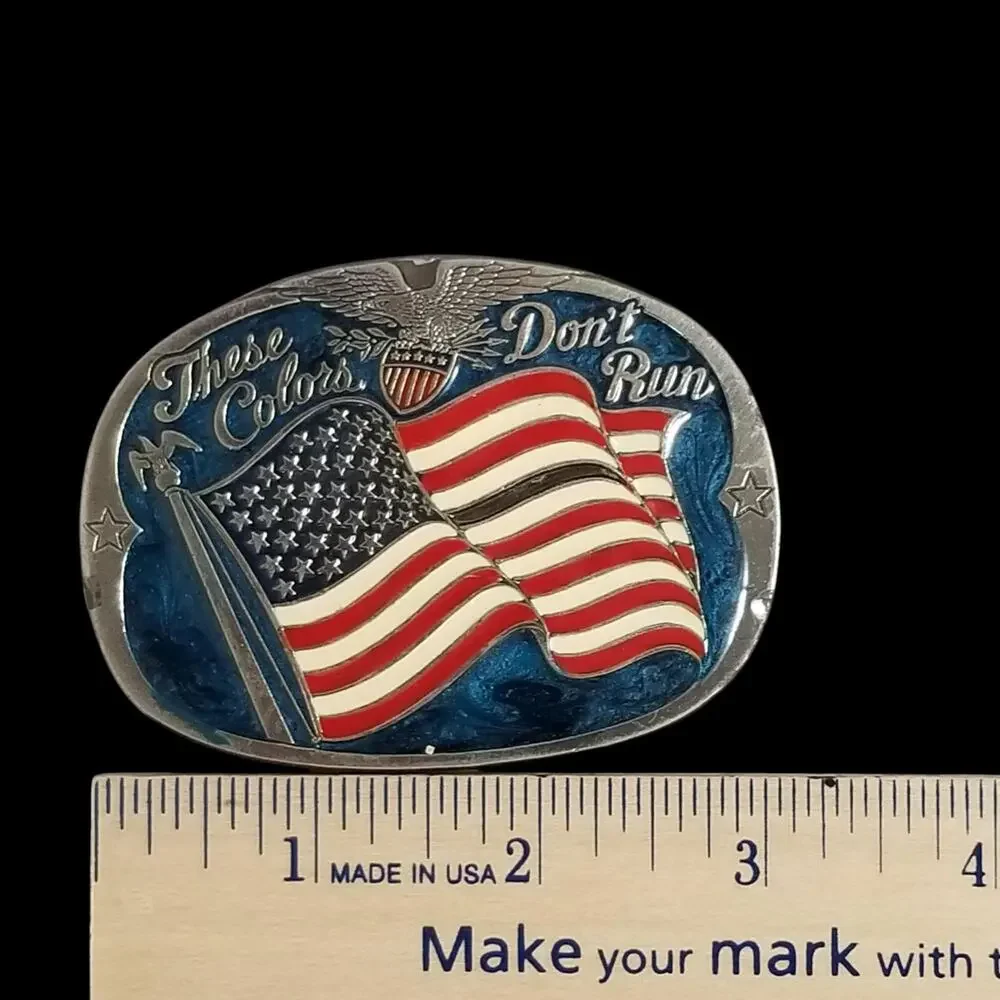 Vintage Belt Buckle 1985 These Colors Don't Run American Flag Patriotic USA Made